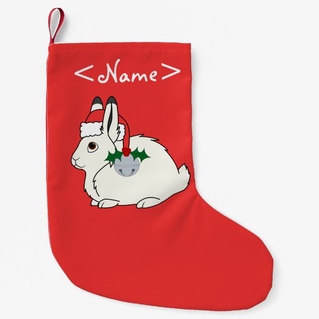 White Arctic Hare with Santa Hat & Silver Bell Small Christmas Stocking (Front)