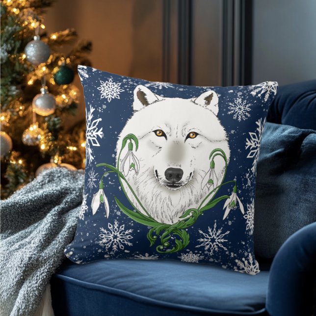 White Arctic Wolf Snowdrop Flowers Cushion (Creator Uploaded)