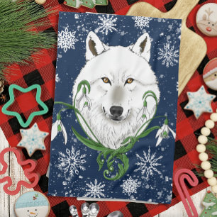 White Arctic Wolf Snowdrop Flowers Tea Towel