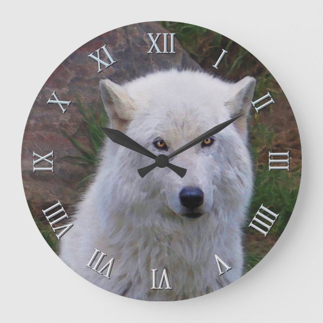 White Arctic Wolf Wildlife Art Clock (Front)