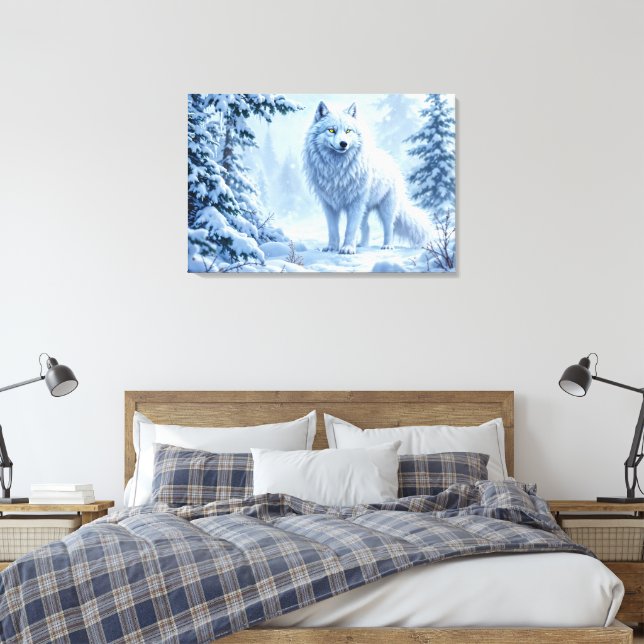 White Arctic wolf winter landscape design Canvas Print (Insitu(Bedroom))