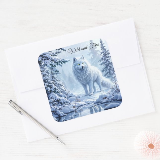 White Arctic wolf winter landscape design Square Sticker (Envelope)