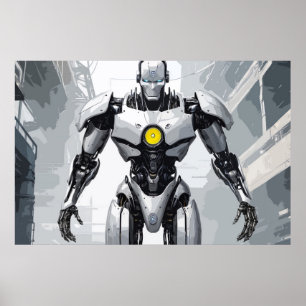 White Armored Cyborg Mecha Sci-Fi Comic Art Poster