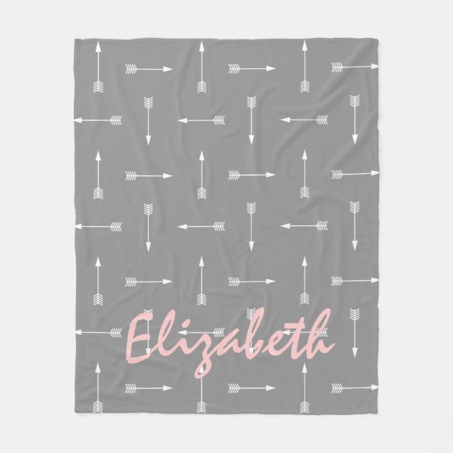 White Arrows on Dove Grey With Baby Pink Fleece Blanket (Front)