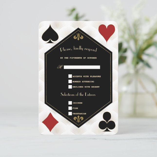 White Art Deco Gatsby Casino Vegas Poker Wedding  RSVP Card (Standing Front)