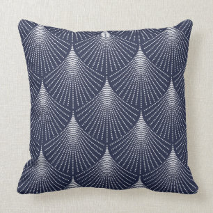 White Art-deco Geometric Pattern On Blue Cushion