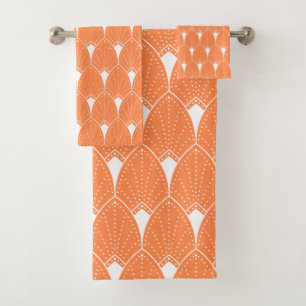 White Art Deco pattern 2 on orange background Bath Towel Set