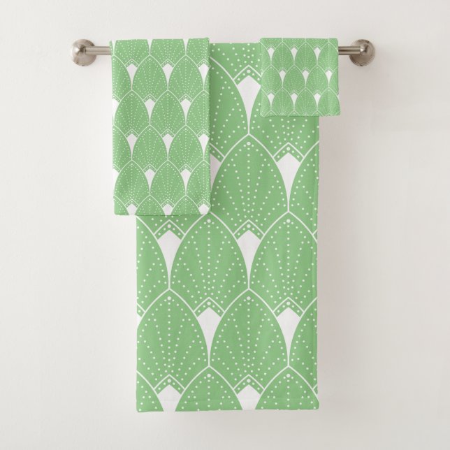White Art Deco pattern No. 2 on light green Bath Towel Set (Insitu)