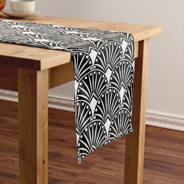 White Art Deco pattern on black background Medium Table Runner (In Situ)