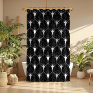 White Art Deco Pattern On Black Background Shower Curtain