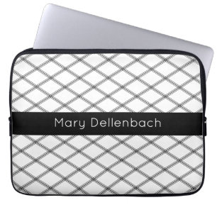 White Art Deco Pattern with Black Name Stripe Laptop Sleeve