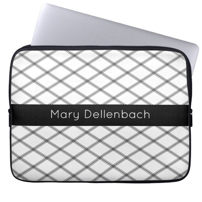 White Art Deco Pattern with Black Name Stripe Laptop Sleeve (Front)