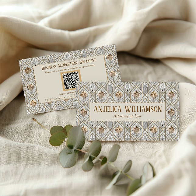 White Art Deco QR Code Business Card (Creator Uploaded)