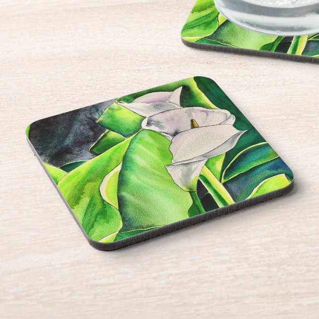 White Arum Lily watercolor tropical floral Coaster (Left Side)