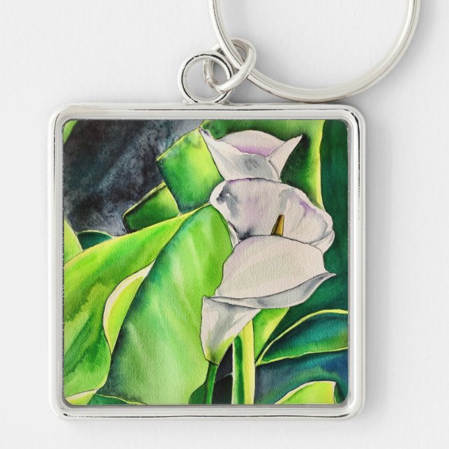 White Arum Lily watercolor tropical floral Key Ring (Front)
