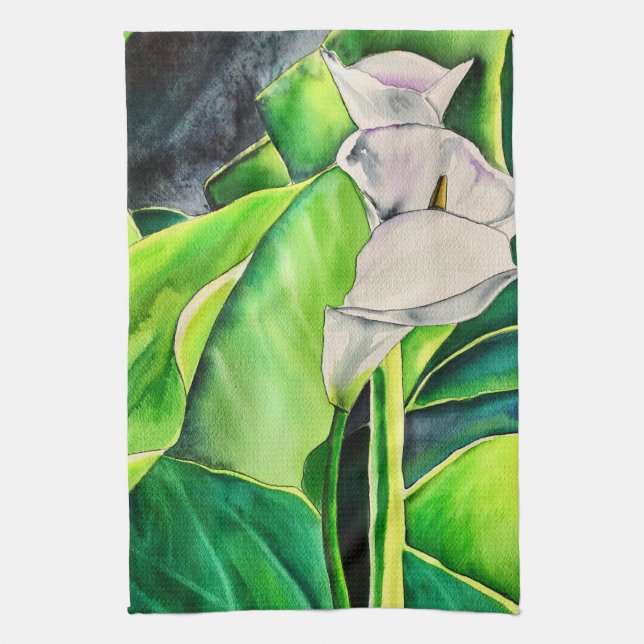 White Arum Lily watercolor tropical floral Tea Towel (Vertical)