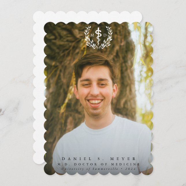 White Asclepius MD Doctor of Medicine Graduation Announcement (Front/Back)
