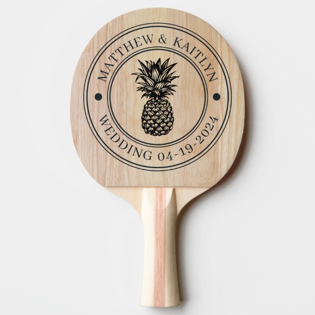 White Ash Wood Pineapple Wedding Crest & Names Ping Pong Paddle (Back)