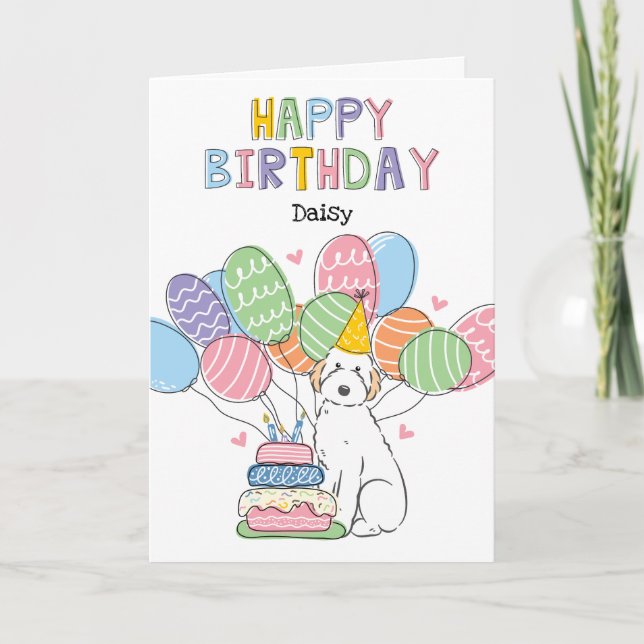 White Aussiedoodle Dog Happy Birthday Card (Front)