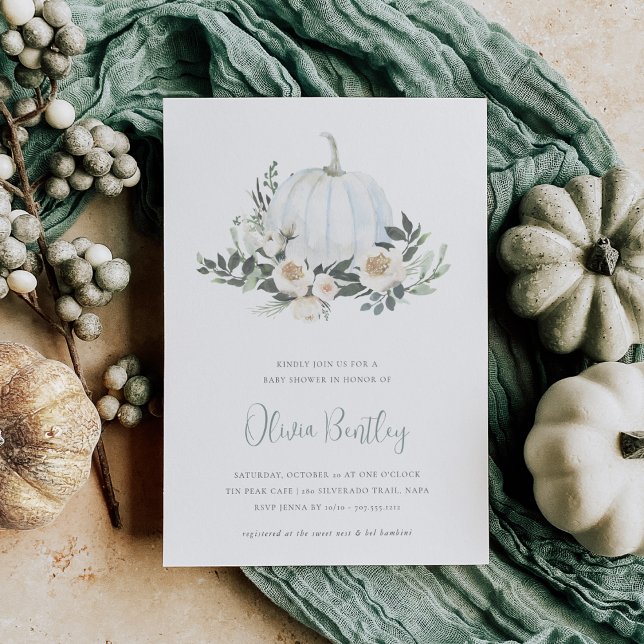 White Autumn Pumpkin Greenery Baby Shower Invitation (Creator Uploaded)