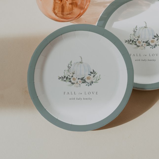 White Autumn Pumpkin Greenery Baby Shower Paper Plate (Creator Uploaded)