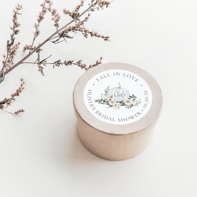 White Autumn Pumpkin Greenery Monogram Favour Classic Round Sticker (Creator Uploaded)