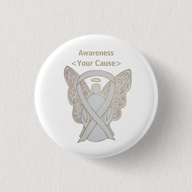 White Awareness Ribbon Custom Angel Art Pin Button (Front)