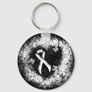 White Awareness Ribbon Grunge Heart Key Ring