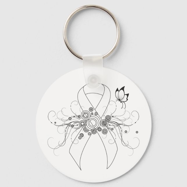 White Awareness Ribbon with Butterfly Key Ring (Front)