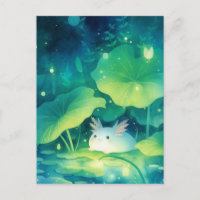 White Axolotl in Magical Night Lily Pond