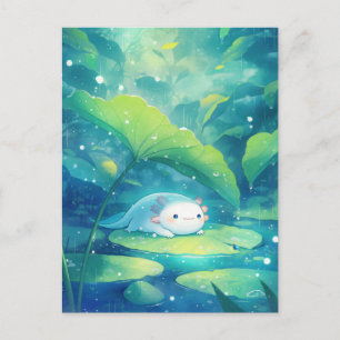 White Axolotl Sheltering Under Green Lily Pad Postcard