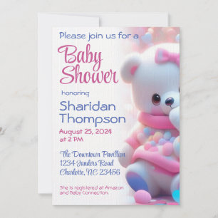 White Baby Bear with Pink & Blue Shower  Invitation