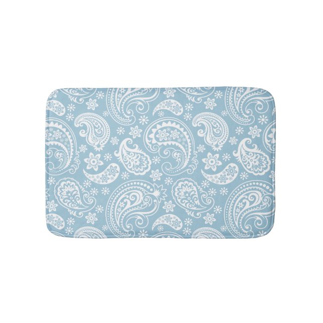White & Baby Blue Vintage Paisley Bath Mat (Front)