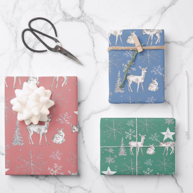 White Baby Doe Deer Silver Snowflakes And Stars Wrapping Paper Sheet (Front)