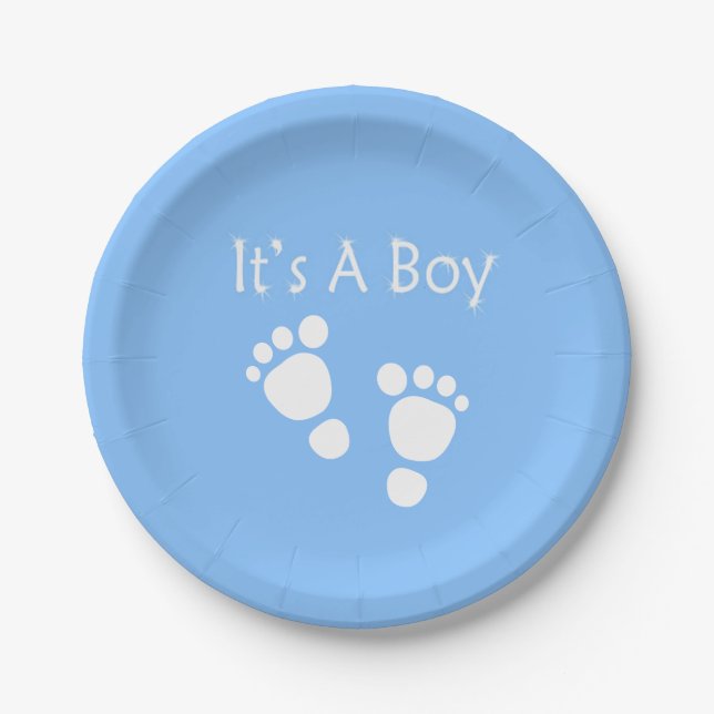 White baby foot - It's a boy  baby-shower Paper Plate (Front)