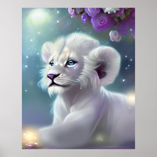 White Baby Lion Cub Fantasy Poster (Front)