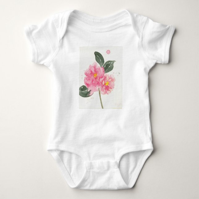 White baby t-shirt with pink camellia baby bodysuit (Front)