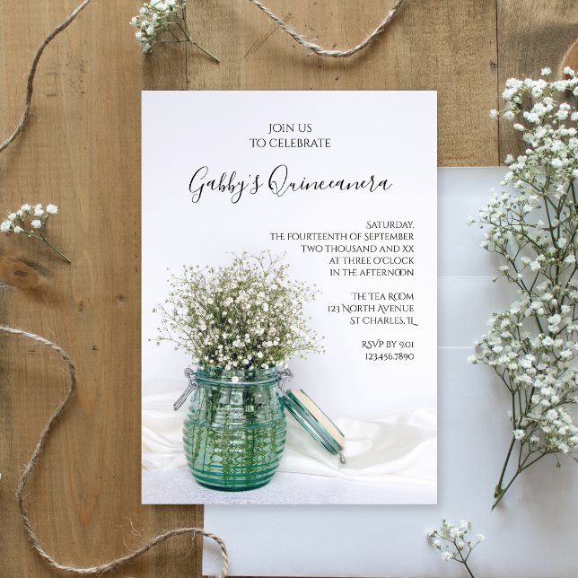 White Babys Breath in Blue Jar Quinceanera Party Invitation (Creator Uploaded)