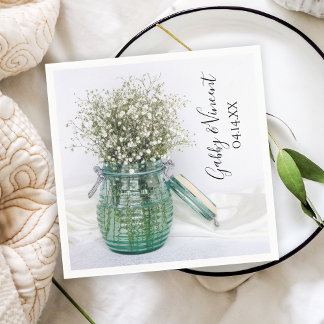White Baby's Breath in Blue Jar Vase Wedding Napkin