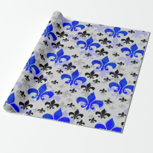 White Background Blue Black Fleur De Lis  Wrapping Paper