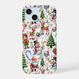 White Background Christmas Decorative Pattern iPhone 15 Case