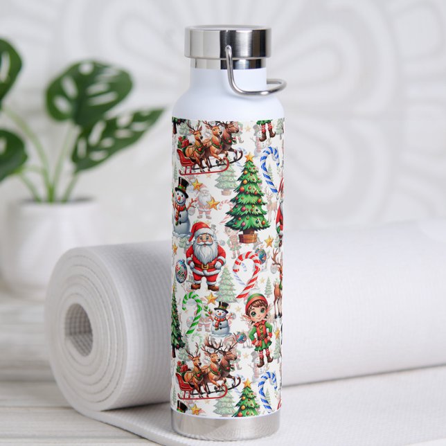 White Background Christmas Decorative Pattern Water Bottle (Creator Uploaded)