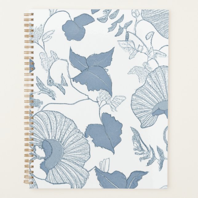 White Background Delicate Blue Japanese Flowers Planner (Front)