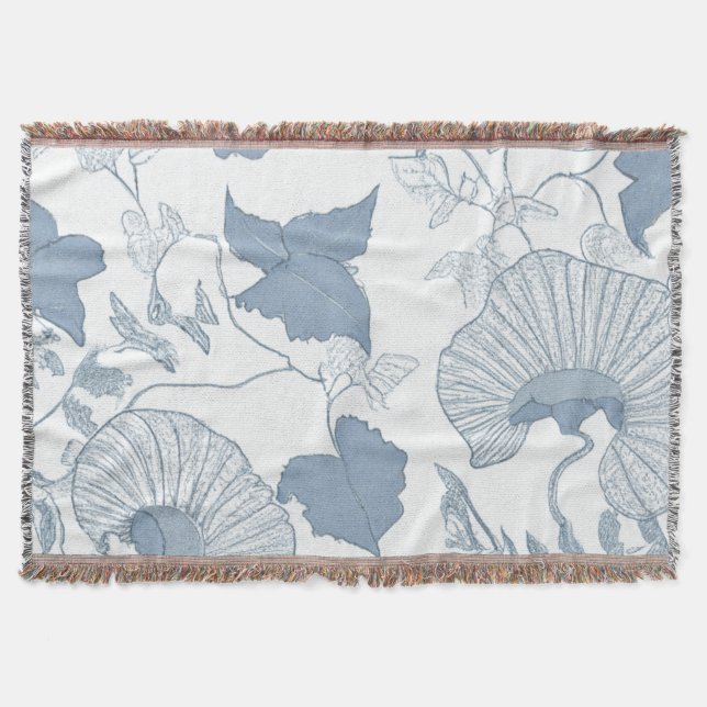 White Background Delicate Blue Japanese Flowers Throw Blanket (Front)