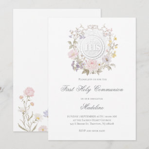 white background floral frame first communion invitation