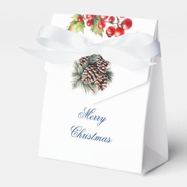 White Background Pine Cones & Red Berries Gift Favour Box (Front Side)