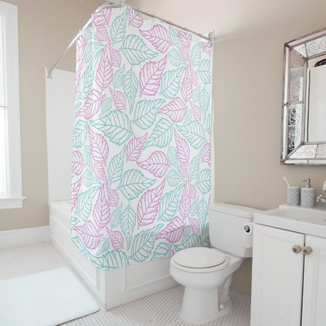 White Background with Purple And Green Leaves Shower Curtain (In Situ)
