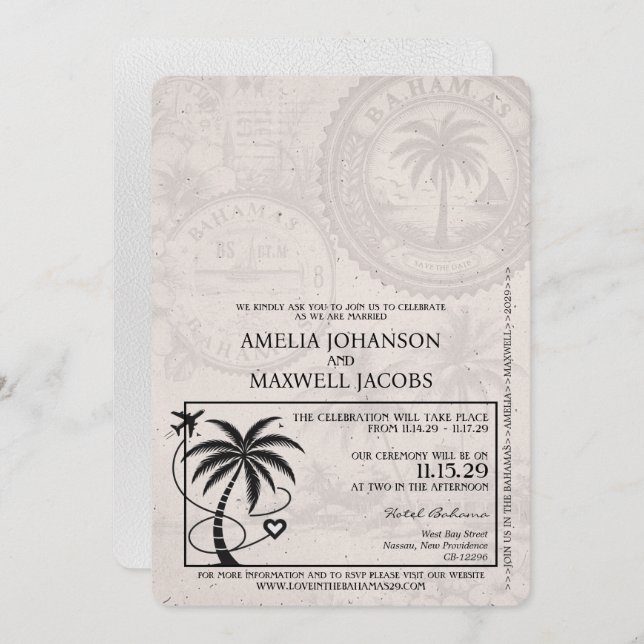 White Bahamas Passport Wedding Invitation (Front/Back)
