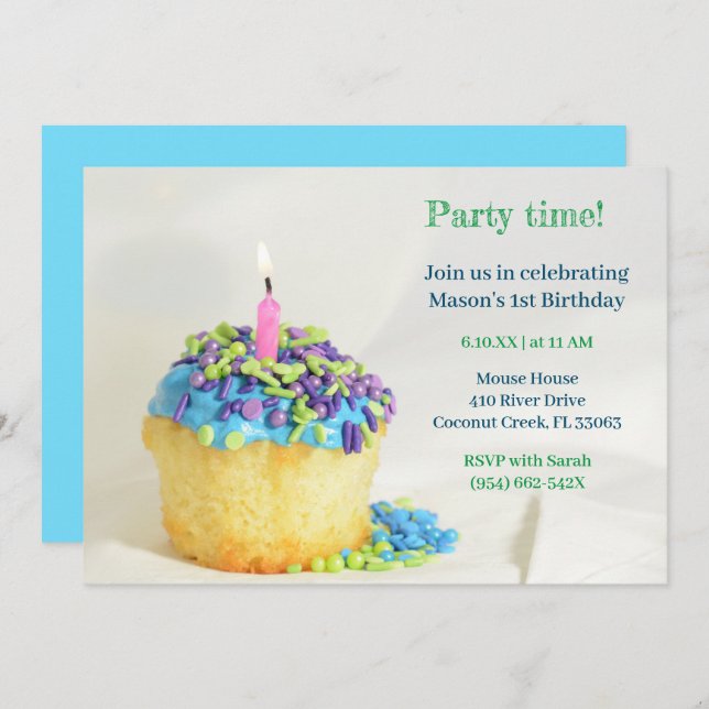 White Balloon blue cupcake Birthday Invitation (Front/Back)