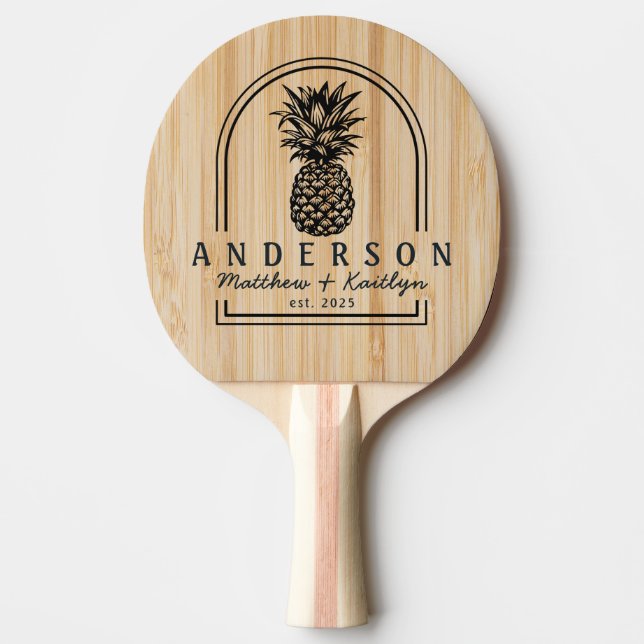 White Bamboo Pineapple Wedding Arch & Name Ping Pong Paddle (Front)